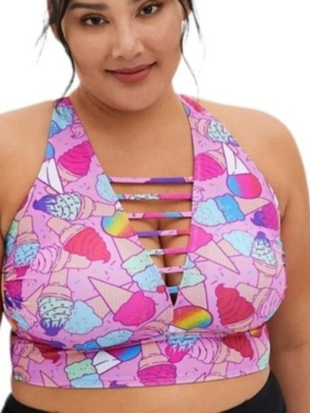 Plus-Size Pink Ice Cream Print Swim Top with Strappy Front
